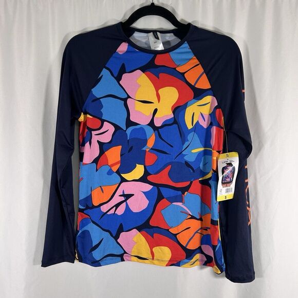 New Nautica Swim Top Women's Small Blue Floral Round Neck Long Sleeve UPF 30+ - Picture 1 of 7